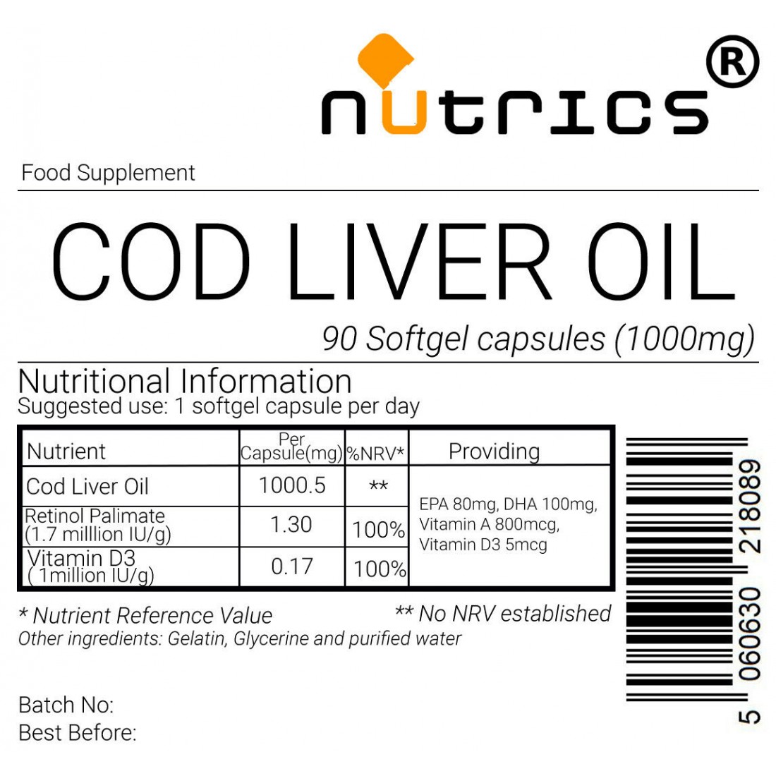 Cod liver oil EPA DHA VITAMIN A & VITAMIN D3 Softgel Capsules Supplement